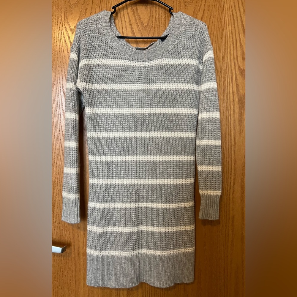 Gray and White Striped Sweater Dress
